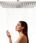 Oversized 16 Inch Rain Shower Head Brushed Nickel Finish Ultra Thin 304 Stainless Steel, showering person under rainfall spray.