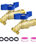 Real Deal Two Pack Brass Garden Hose Bib Featuring Quarter Turn Handle And Half By Three Quarter Inch Pipe Thread Smooth Turning Faucet with accessories.