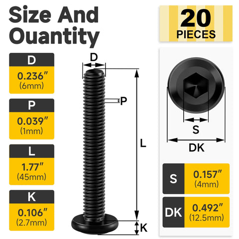 Rock Solid 20 Pack M6x45 Flat Head Hex Socket Cap Screws dimensions with sizes D, P, L, K, S, DK, for projects.