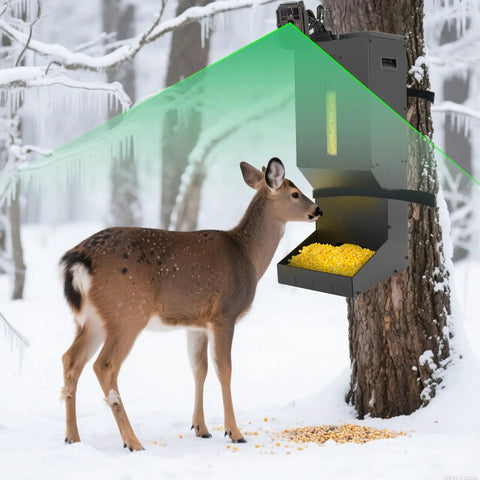 Heavy Duty Metal Deer Feeder With Gravity Dispenser For Protein And Corn Feed Built Like A Tank Rock Solid Galvanized Steel in snowy setting with deer feeding.