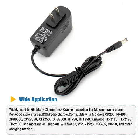 Universal 12V 1A Power Adapter For Motorola And Kenwood Radios shown with plug and cord