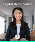Person wearing H390 Wired Headset With Noise Cancelling Mic For PC And Chromebook, USB A Stereo Headphones in office room.