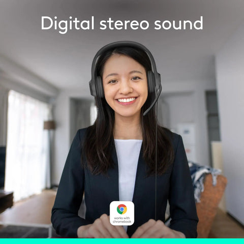 Person wearing H390 Wired Headset With Noise Cancelling Mic For PC And Chromebook, USB A Stereo Headphones in office room.