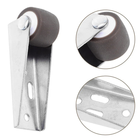 Heavy Duty Barn Door Floor Guide With Slick TPE Rubber Caster For Smooth As Glass Rolling Action And Steady Anti Droop Base close-up of caster wheel and metal bracket.
