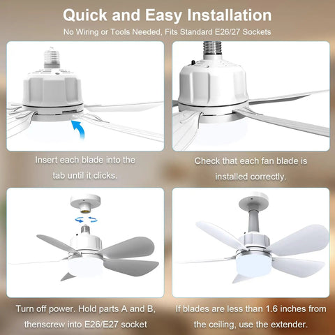 Easy Peasy 19 Inch Screw In Ceiling Fan Light Kit With Remote Control Dimmable Led Bulb And Sleek Five Blade Design showing easy installation steps.