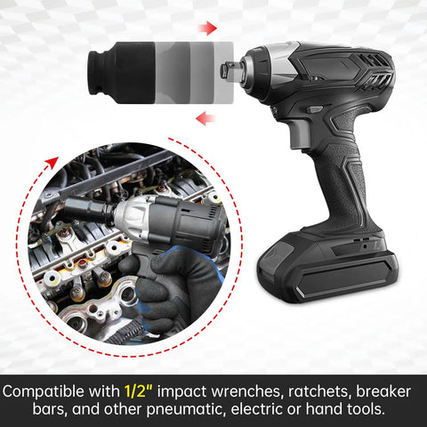 Heavy Duty 1/2 Inch Drive 46Mm Deep Impact Socket For 6 Point Axle Nut And Wheel Hub Nut Removal, CR MO Steel, shown with wrench.