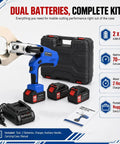 Powerful Cordless Cable Cutter With LED Display And Battery Power, A Real Workhorse Delivers 150KN-250KN Hydraulic Cutting Power For Copper, Aluminum And Armored Cables, Fast 3 To 8 Second Cuts, Supports EZ-85C EZ-105C EZ-120C, Cuts Up To 85-120 Mm, with dual 18V batteries, charger and case