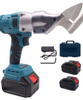 Cordless Electric Sheet Metal Shears With 360 Degree Swivel Head for fast cuts, includes dual 1500mAh batteries and charger.