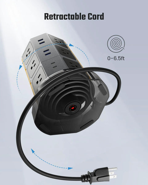 All In One Power Strip Tower With 15W Magnetic Wireless Charger and 1050J Surge Protector showing retractable 6.5ft cord.