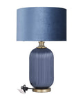 Blue Glass Table Lamp With Velvet Shade And Gold Accents, Ribbed Accent Lamp For Living Room, 16 x 16 x 26 Inches