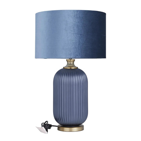 Blue Glass Table Lamp With Velvet Shade And Gold Accents, Ribbed Accent Lamp For Living Room, 16 x 16 x 26 Inches