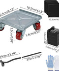 Heavy Duty Furniture Movers Dolly With Wheels, gray dolly with red wheels, includes spacers, mats, and gloves for easy moving.