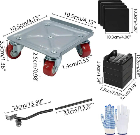 Heavy Duty Furniture Movers Dolly With Wheels, gray dolly with red wheels, includes spacers, mats, and gloves for easy moving.