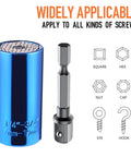 Blue universal socket drill adapter 7 to 19mm for DIY work with silver steel pins, showing compatibility with various screws.