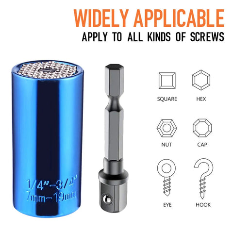 Blue universal socket drill adapter 7 to 19mm for DIY work with silver steel pins, showing compatibility with various screws.