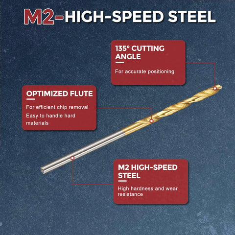 Side view of drill bit, 2mm diameter, M2 high-speed steel, TiN coated, 135-degree cutting angle.