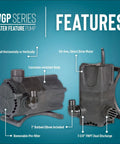 Heavy-Duty Dual Discharge Submersible Pond Pump for ponds, waterfalls and fountains, 1900 GPH, 115 volt, black features
