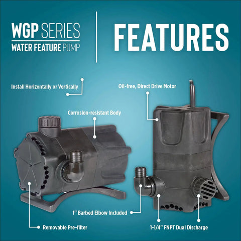 Heavy-Duty Dual Discharge Submersible Pond Pump for ponds, waterfalls and fountains, 1900 GPH, 115 volt, black features