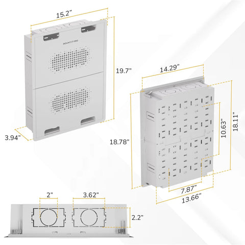 In Wall Recessed TV Box For Home Theater Components And Network Gear With Heavy Duty Ventilation Panels, dimensions 15.2 x 19.7 x 3.94 inches.