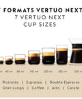 Vertuo Next Single Serve Coffee And Espresso Maker cup size options, showing 25ml to 535ml drink sizes with labeled cups.