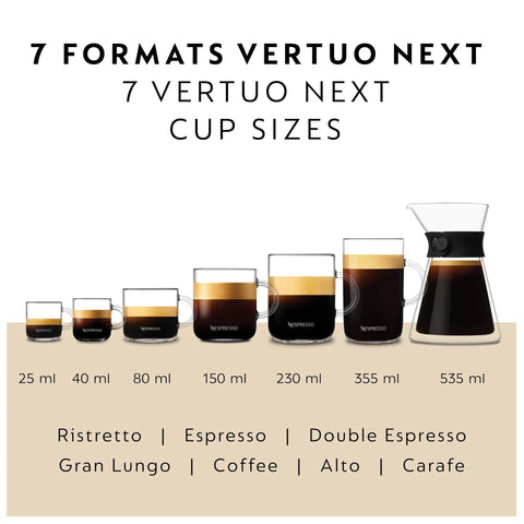 Vertuo Next Single Serve Coffee And Espresso Maker cup size options, showing 25ml to 535ml drink sizes with labeled cups.