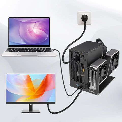 External Egpu Dock Station Thunderbolt 3 4 Usb4 40gbps Gaming Graphics Card Enclosure connected to laptop and monitor.