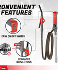 Heavy Duty Battery Operated Electric Chemical Transfer Pump With Adjustable Telescopic Suction Tube For Three To Twenty Gallon Drums Gas Cans And Pails Swivel Spout No Stress Duo Pack features easy switch and upgraded nozzle hook.