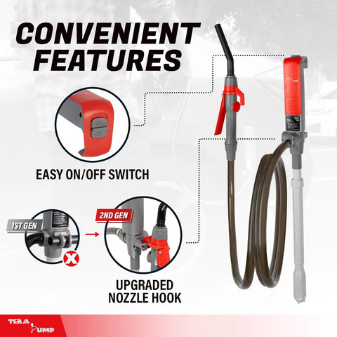 Heavy Duty Battery Operated Electric Chemical Transfer Pump With Adjustable Telescopic Suction Tube For Three To Twenty Gallon Drums Gas Cans And Pails Swivel Spout No Stress Duo Pack features easy switch and upgraded nozzle hook.