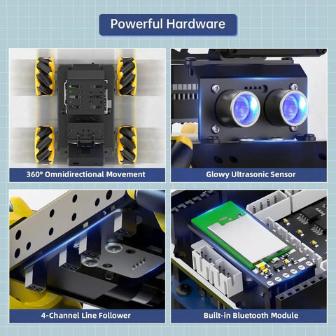 Arduino Compatible Smart Robot Car With AI Vision Camera And Line Tracking For Target Recognition And Obstacle Avoidance STEM Educational Kit For Advanced Projects Programmable Auto Robot Set, showing omnidirectional movement and sensors