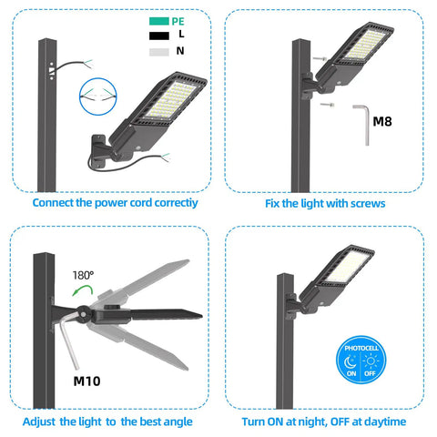 Installation guide for 300W LED Parking Lot Light Shoebox With Dusk To Dawn Photocell, 5000K Daylight, Adjustable Direct Arm Mount