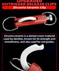 Front view of red 2-pack zirconia ceramic outrigger release clip with white ceramic arm and metal rings