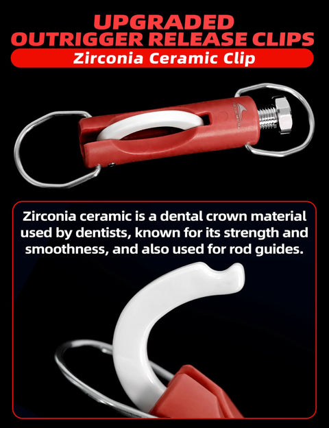Front view of red 2-pack zirconia ceramic outrigger release clip with white ceramic arm and metal rings
