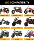 Wide compatibility image showcasing mini bikes and go-karts like Coleman CT200U and Baja MB165 for racing upgrades.