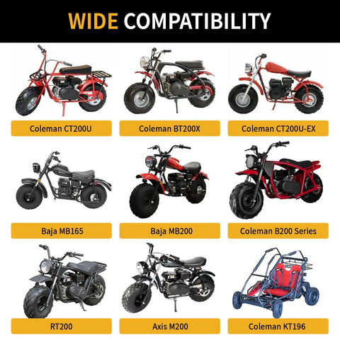 Wide compatibility image showcasing mini bikes and go-karts like Coleman CT200U and Baja MB165 for racing upgrades.