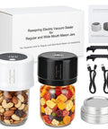 Dual Mason Jar Vacuum Sealer Kit With Separate Wide Mouth And Regular Mouth Sealers Plus 20 Canning Lids, nuts and fruits inside jars