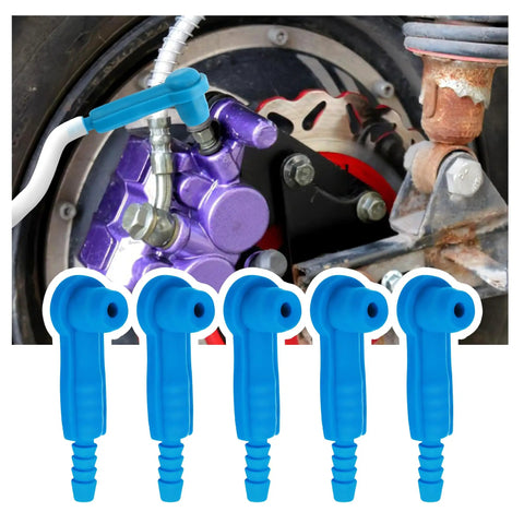 Top Tier Five Piece Brake Bleeder Kit With Vacuum Pump Connectors For No Sweat Fluid Changes And Fast Air Purging To Keep Your Street Machine Stopping Rock Solid Every Day, featuring blue rubber adapters for brake fluid. 