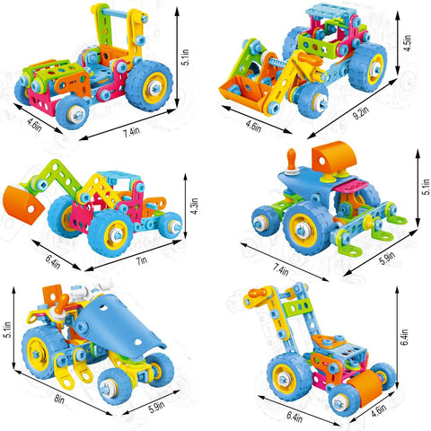 Six In One Stem Building Toys For Kids Aged Four To Eight With 118 Colorful Pieces And Easy To Follow Instructions, models displayed.