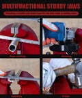 Beast 5 Inch Bench Vise With 360 Degree Swivel Base showing pipe cutting, sawing, sanding, and forging features close-up.
