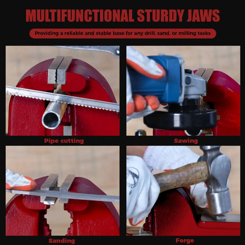 Beast 5 Inch Bench Vise With 360 Degree Swivel Base showing pipe cutting, sawing, sanding, and forging features close-up.