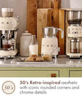 Retro 50s Style Milk Frother with Induction Heating and Removable Jug on kitchen counter, cream finish, barista quality at home