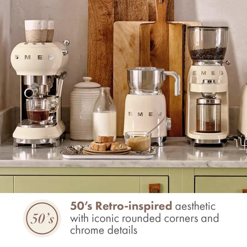 Retro 50s Style Milk Frother with Induction Heating and Removable Jug on kitchen counter, cream finish, barista quality at home