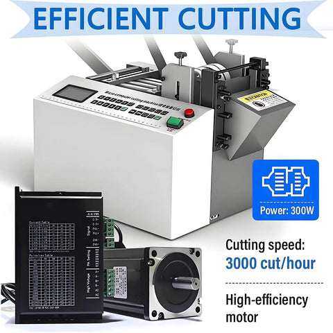 USZWBY Automatic Heat Shrink Tubing Cutter Machine 300W Microcomputer Control features a control panel and a high-efficiency motor.