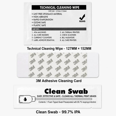 Top Shelf Printer Cleaning Kit For ID Card Printers includes technical cleaning wipe, adhesive card, and clean swab for maintenance.