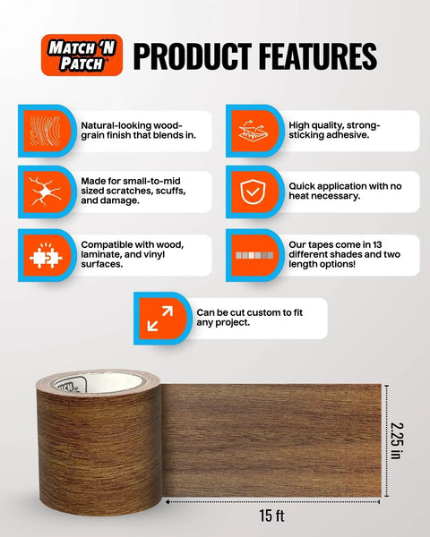Wood Grain Repair Tape Antique Oak 2.25 Inch By 15 Foot Realistic Wood Finish Duct Tape shown with product features