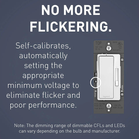 Radiant LED Dimmer Rocker Switch For Home Lighting, Single Pole To Three-Way Control, front view with calibration feature