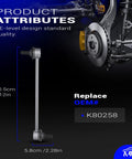 K80258 Zinc Nickel Alloy Front Stabilizer Sway Bar End Link dimensions for Jeep, Chrysler, Mazda, Mitsubishi, Daewoo models.