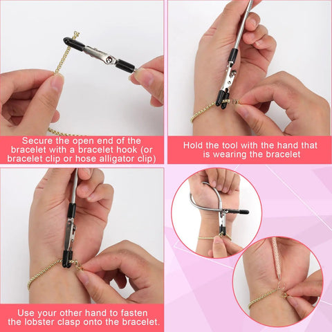 Using Three Piece Bracelet Helper Tools Set With Retractable Anti Slip Clip And Dual Head Hook to attach a bracelet clasp.