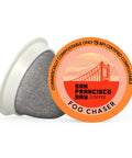 Fog Chaser Medium Dark Roast K Cup Compatible Coffee Pod with San Francisco Bay logo, compostable single-serve design
