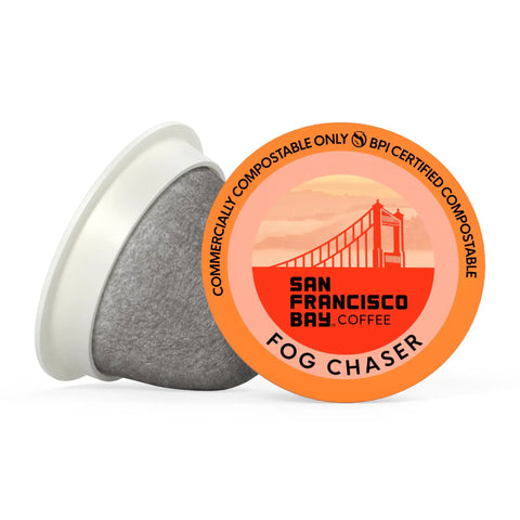 Fog Chaser Medium Dark Roast K Cup Compatible Coffee Pod with San Francisco Bay logo, compostable single-serve design