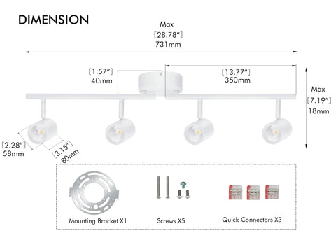 Next Level Four Head LED Track Lighting Kit Dimmable With 3000K 4000K 5000K Color Temp, 30W 2400LM, CRI90 dimensions and parts